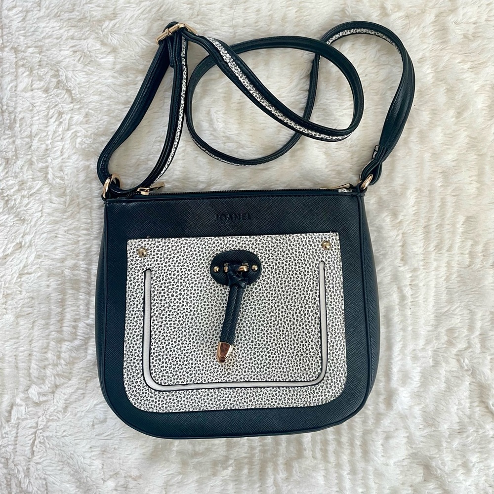 Joanel Black & White Speckled Crossbody Bag with Front Tab Detail